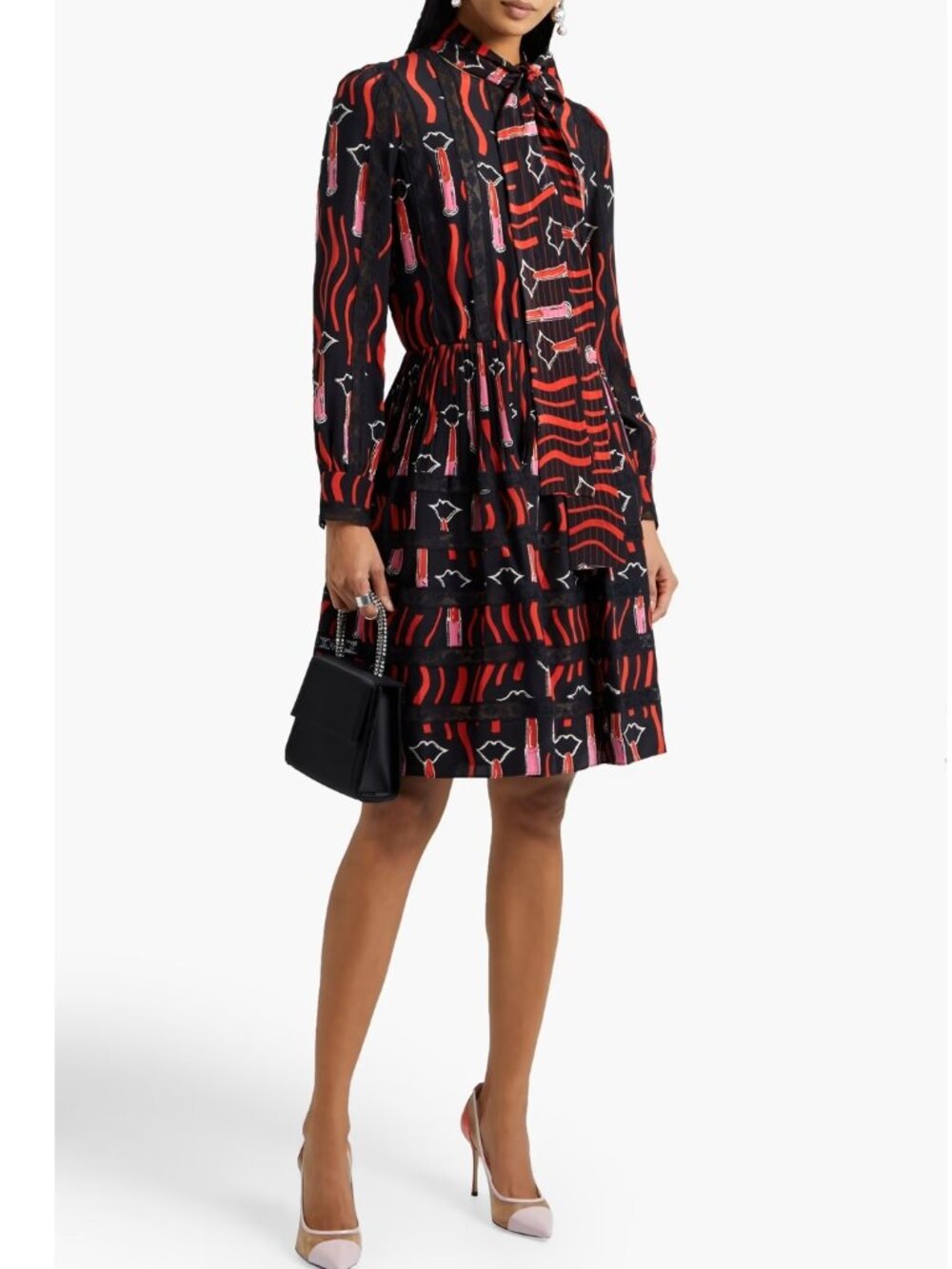 NWT Valentino Tie Neck Lace Trimmed Silk Crepe de Chine Dress, IT 40